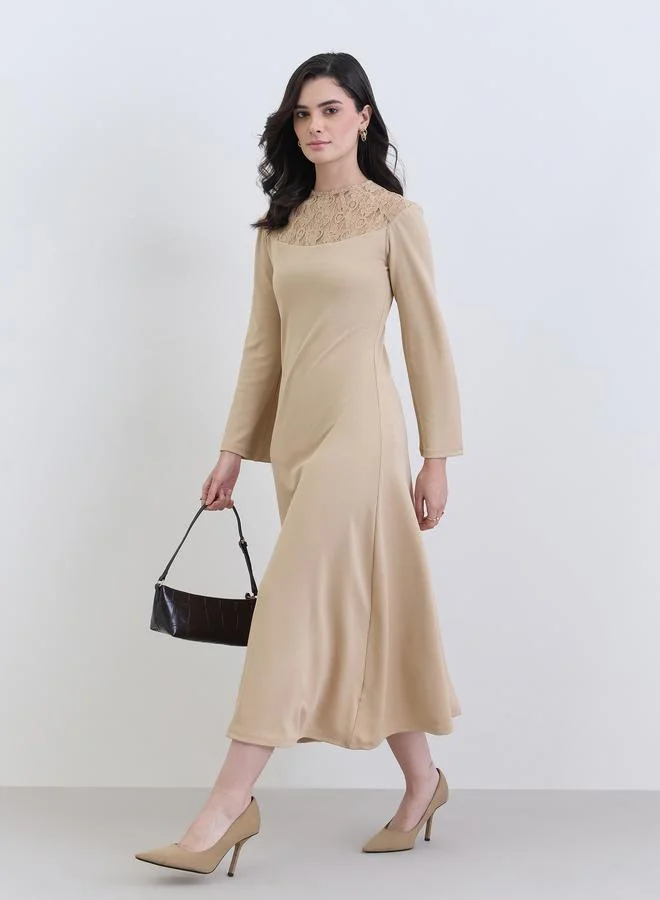 Styli Women Beige Lace Detail Long Sleeves Midi Dress